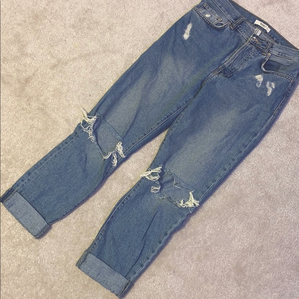 Forever21 Med/Light-Wash High-Waisted Ripped Jeans